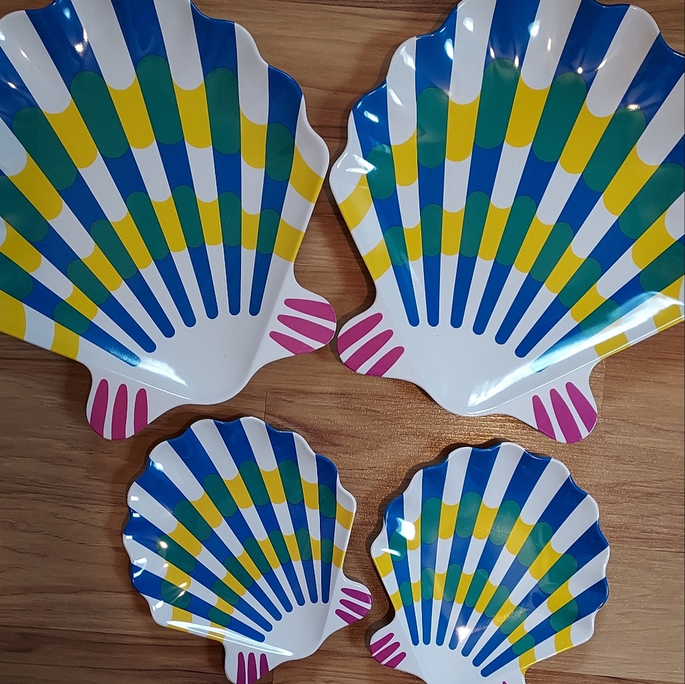 Blue Stripe Taipro Sea Shell Melamine Picnic Platters Plates Beach Set Of 4 Vtg
